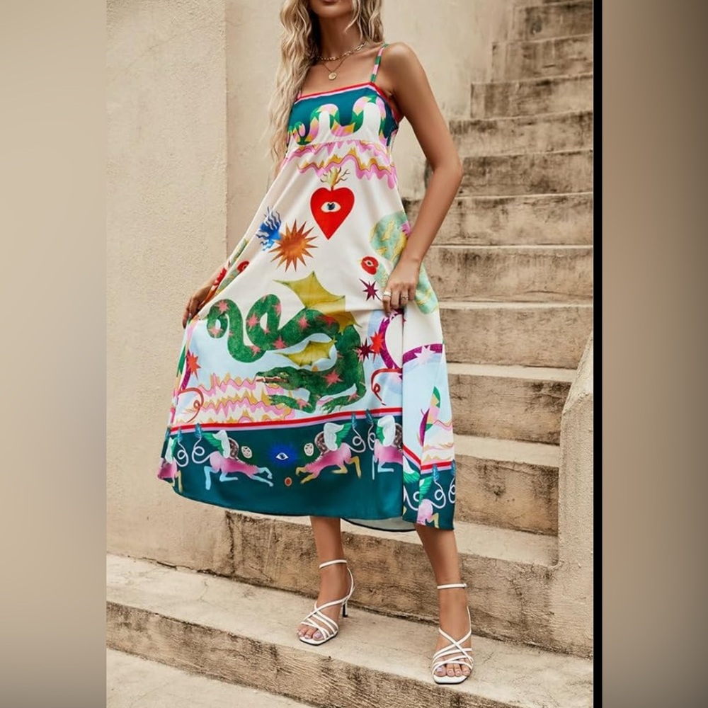 Colorful Graphic Midi Dress Summer Vacation Beach